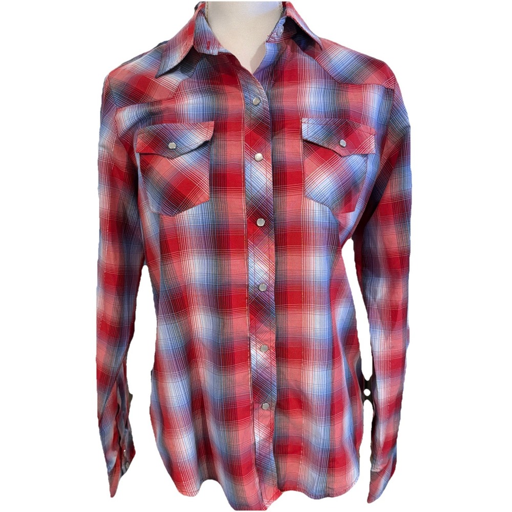 Cowgirl Legend Western Shirt Women L Pearl Snap L/S Red White Blue Plaid Rodeo‎